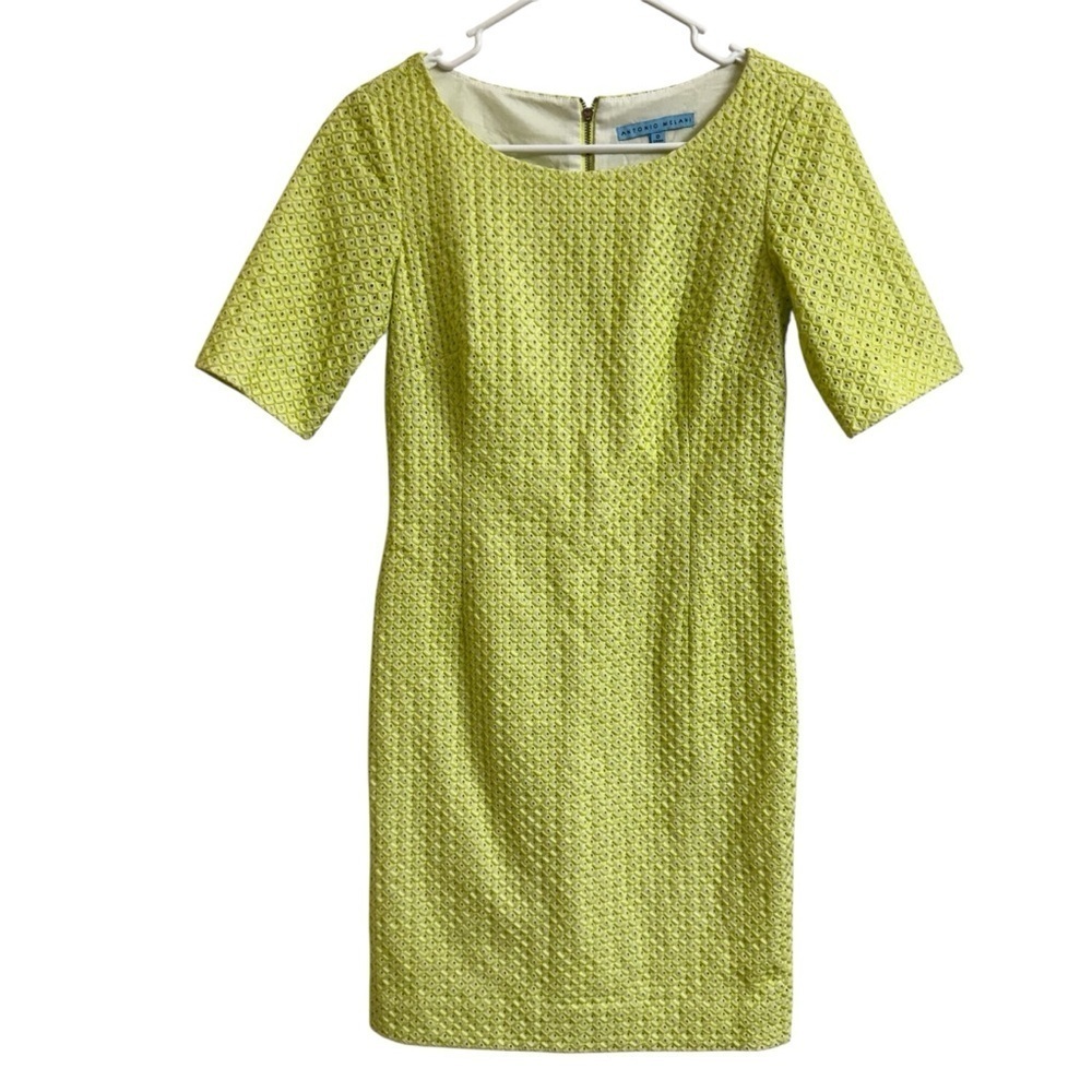 Antonio Melani Womens Size 0 Short Sleeve Sheath Dress Bright Yellow Embroidery